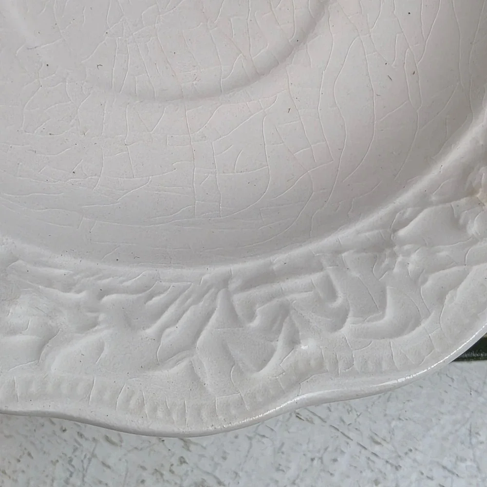 Vintage Cream Ceramic Embossed Floral Creamer and Saucer Set Scalloped Footed‎